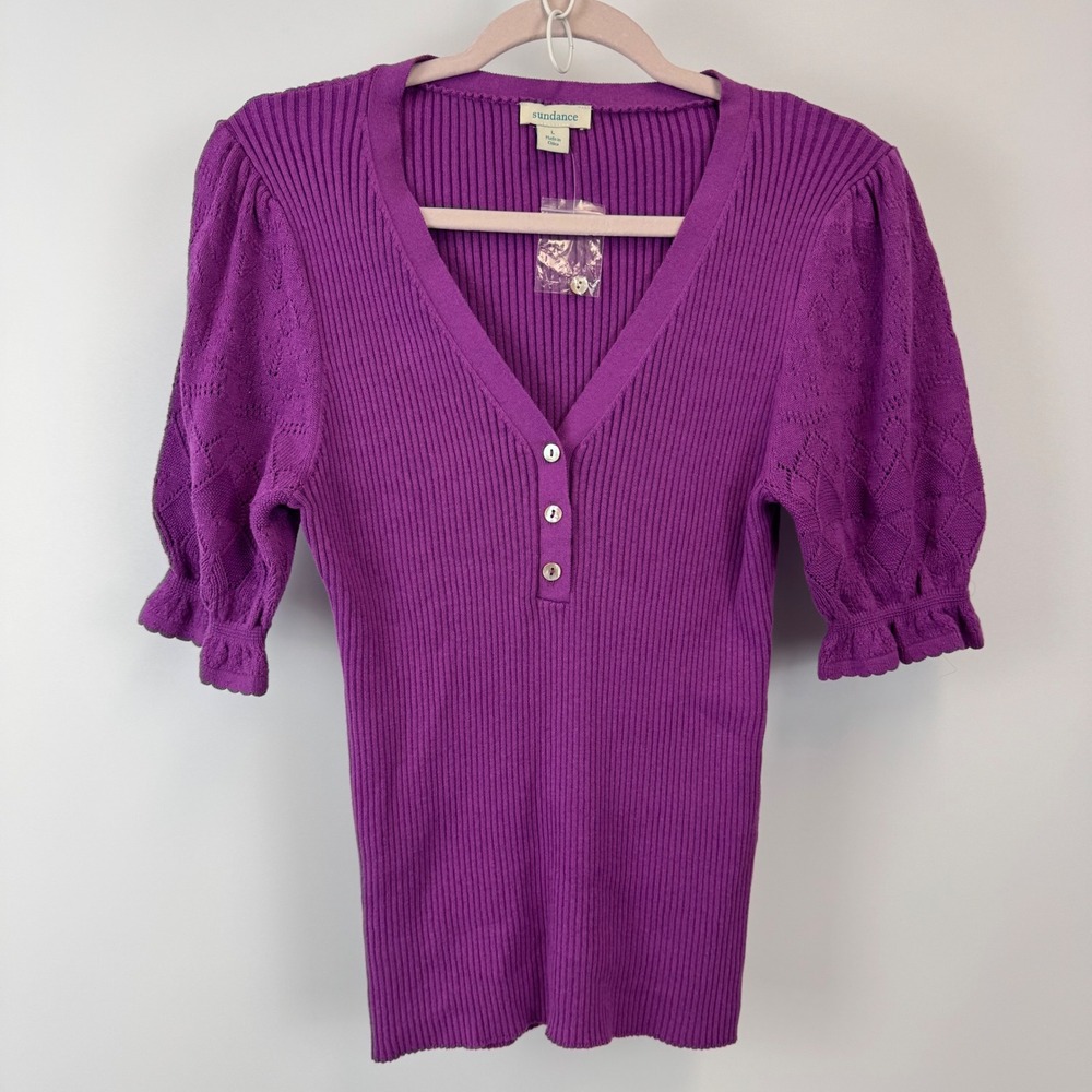 Sundance Purple Ribbed Henley Top Organic Cotton Pointelle Puff Sleeve Large New - Picture 2 of 13